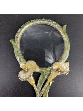 Calla Lily Magnifying Glass Handheld Metal Rhinestone Green Gold Floral Decor 6"